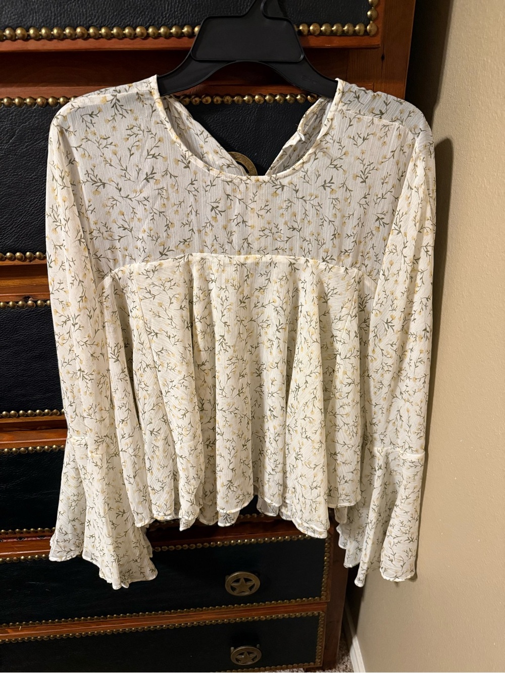 1. State Cream Floral Peasant Tunic with Green and Gold Accents